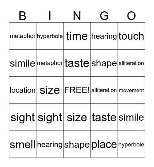 Descriptive Writing Bingo Card