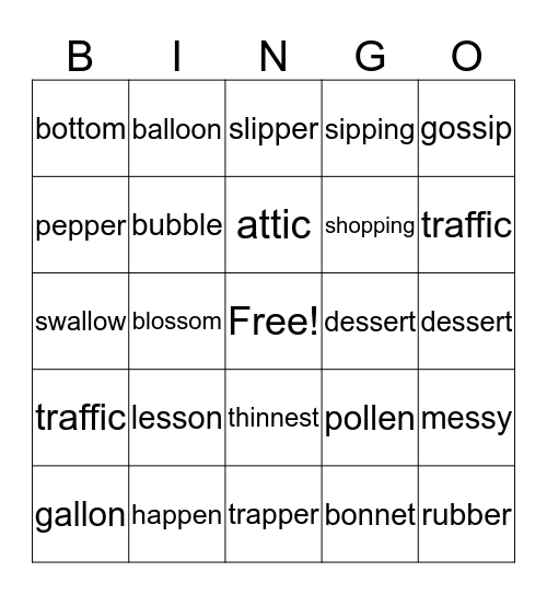 Double Consonants Bingo Card