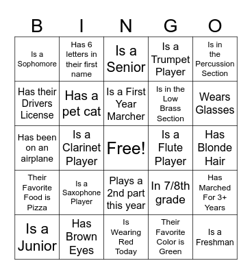 Marching Band Bingo Card