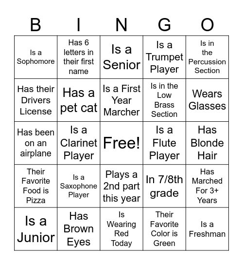 Marching Band Bingo Card