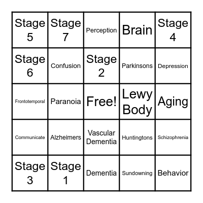 Dementia and Alzheimers Bingo Card