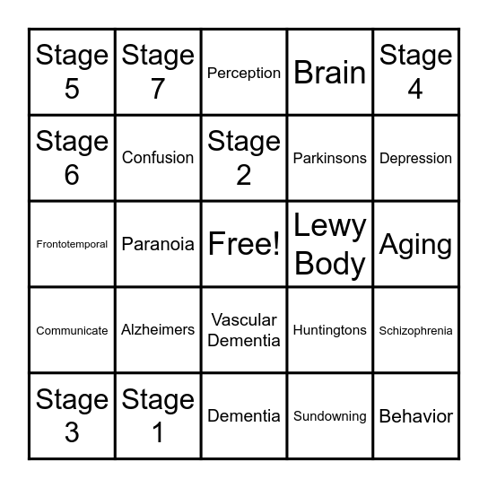 Dementia and Alzheimers Bingo Card