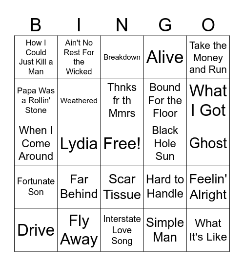 Rock!! Bingo Card