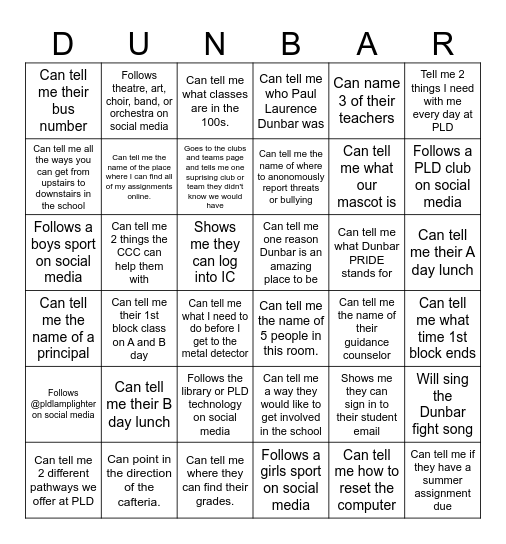 Dunbar Bingo Card