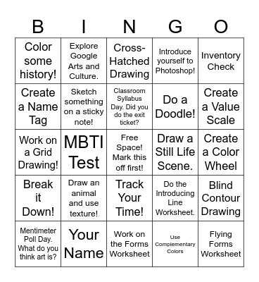 Art Class Bingo Week 1 & 2 Bingo Card
