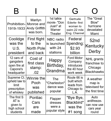 Happy Bday Grandma!             Events of 1926 Bingo Card