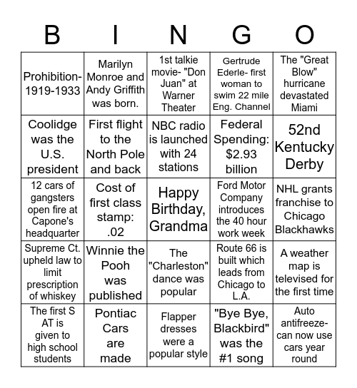 Happy Bday Grandma!             Events of 1926 Bingo Card