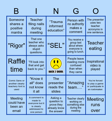 Teacher "Back 2 Skool" Bingo Card