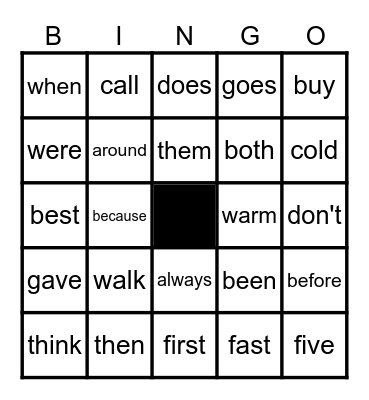 My Words Bingo Card