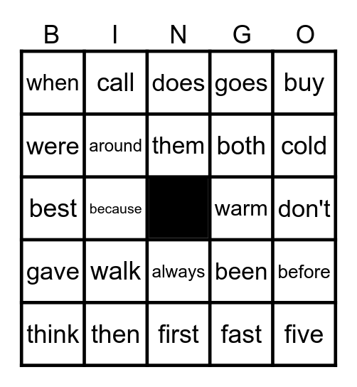 My Words Bingo Card