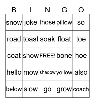 Long O Bingo Card