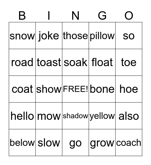 Long O Bingo Card