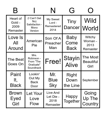60's & 70's Hits Bingo Card