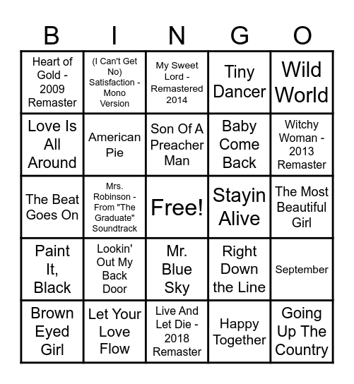 60's & 70's Hits Bingo Card