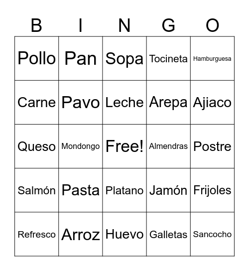 Alimentos Bingo Card