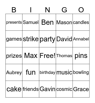 Ben's Birthday Bingo Card