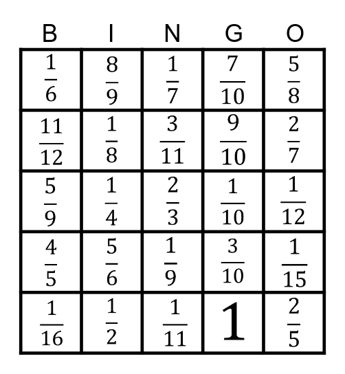 FRACTIONS Bingo Card