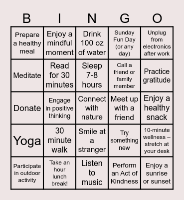 Self-Care Challenge Bingo Card