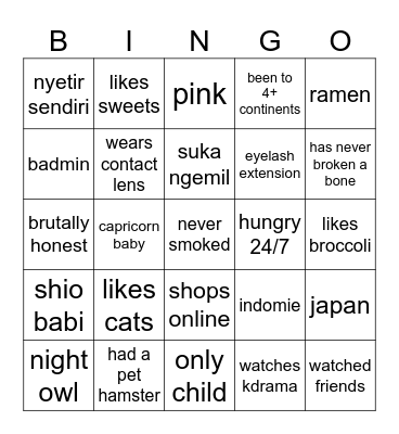 About me Bingo Card