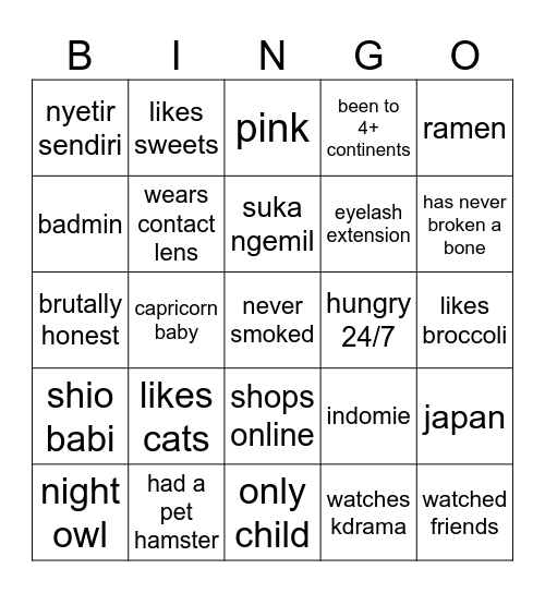 About me Bingo Card
