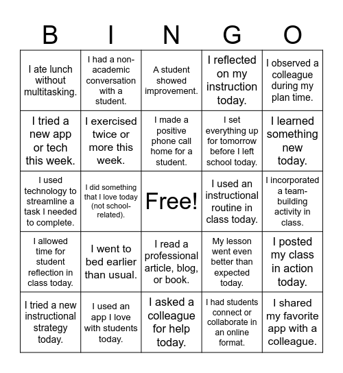 TEACHER BINGO GAME Bingo Card