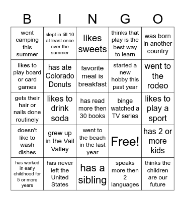 Get to know you BINGO Card
