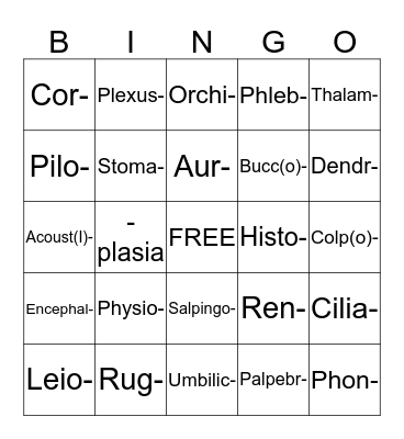 Medical Terminlogy Bingo Card