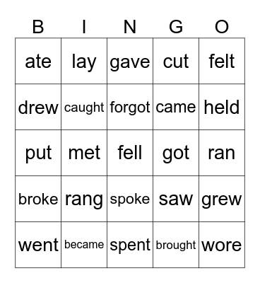 Irregular Verbs Bingo Card