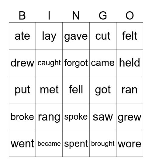 Irregular Verbs Bingo Card