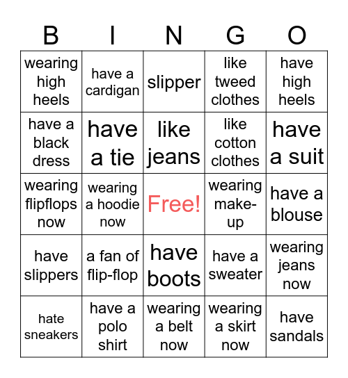 CLOTHES & FOOTWEAR Bingo Card