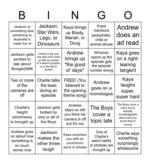 The Official Podcast Bingo Card