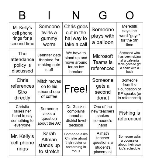 Faculty Meeting Bingo Card