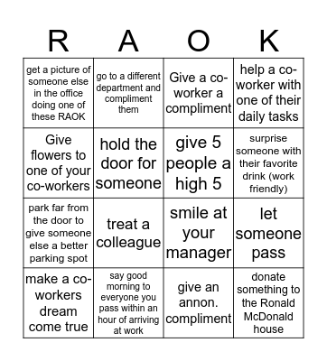 Random Acts of Kindness Bingo Card