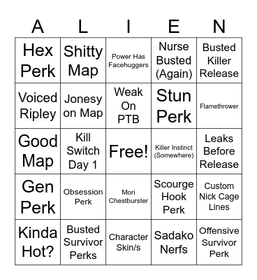 DBD Alien Chapter Bingo Card