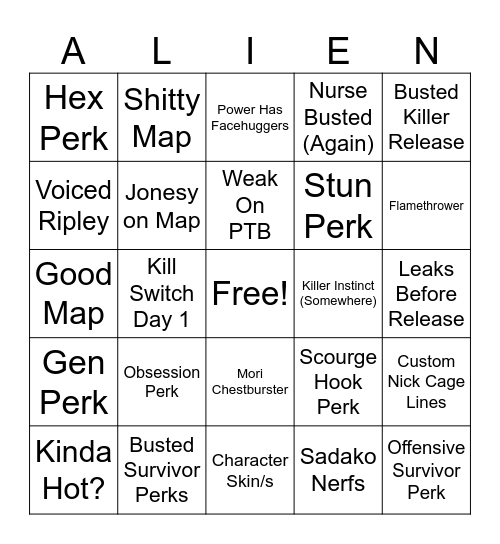 DBD Alien Chapter Bingo Card
