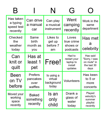 Virtual Icebreaker Bingo Card