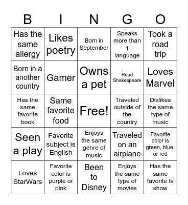 English Class Bingo Card
