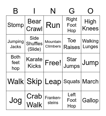 Locomotor and Non-Locomotor Bingo Card