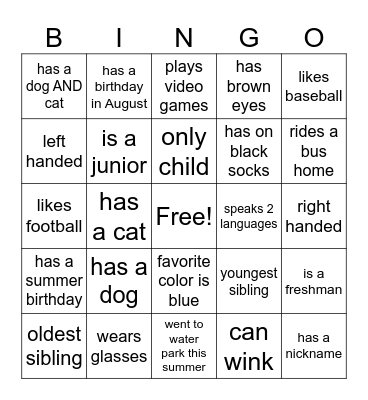 Classmate BINGO Card