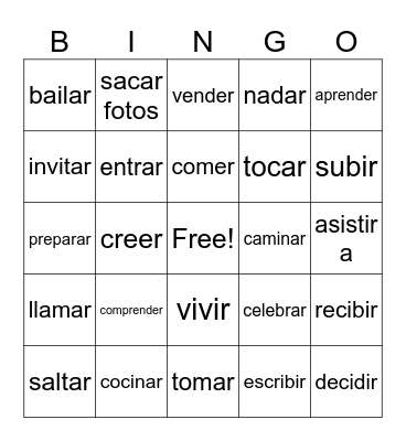 Regular AR, ER and IR Verbs Bingo Card