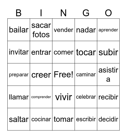 Regular AR, ER and IR Verbs Bingo Card