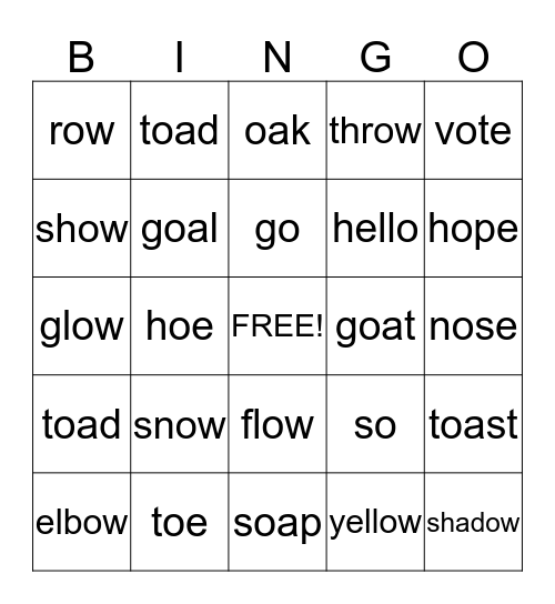 Long O Words Bingo Card
