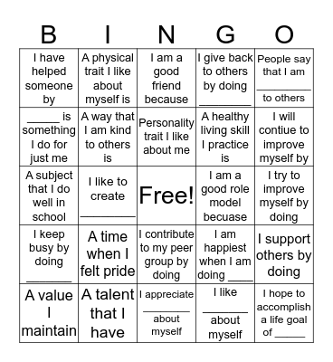 Self Esteem Bingo Card