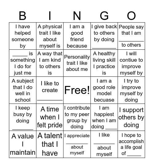 Self Esteem Bingo Card