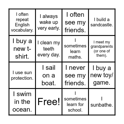 My summer holiday routines Bingo Card