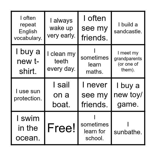 My summer holiday routines Bingo Card