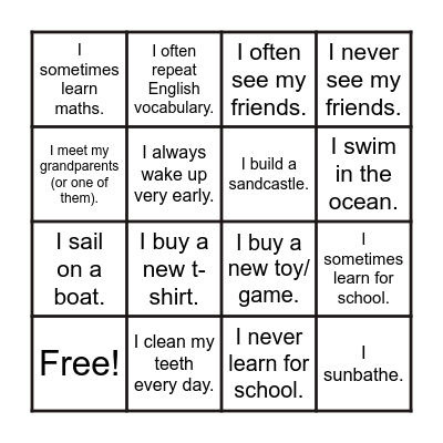 My summer holiday routines Bingo Card