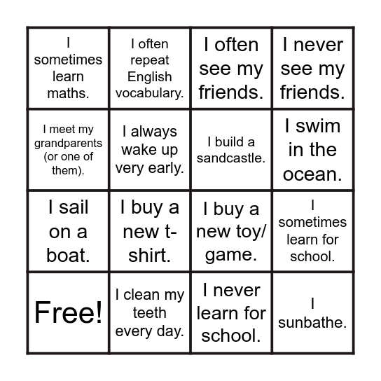 My summer holiday routines Bingo Card