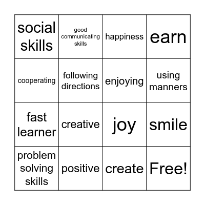 Skills, Abilities & Happiness Bingo Card