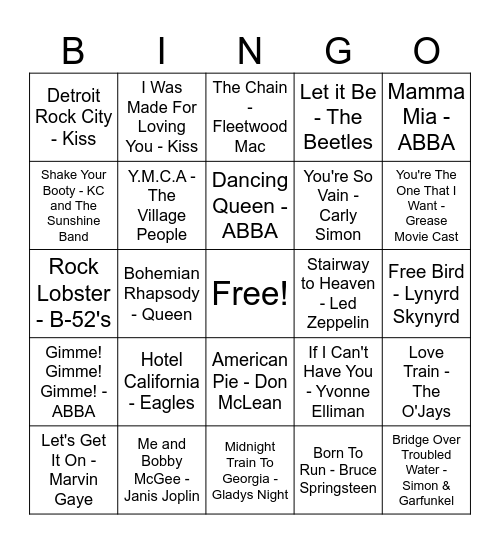 70's Music Bingo Card